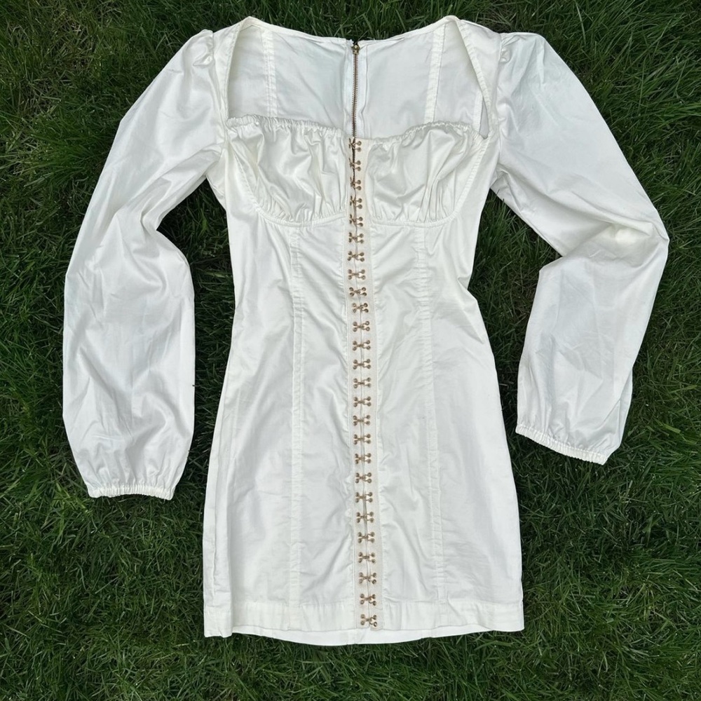 White Corset-Style Mini Dress - Long Sleeve Puff Shoulder, Hook & Eye Detail